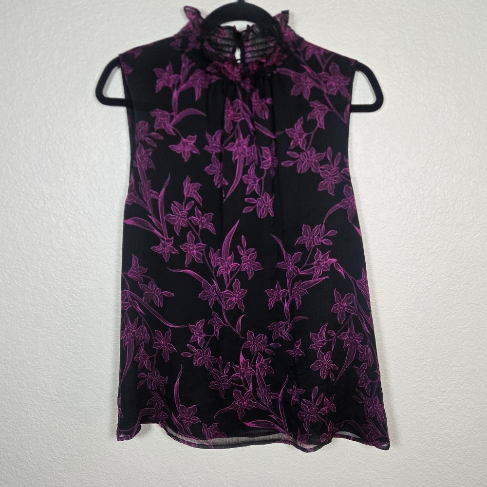 Vince Camuto Black Fuchsia Pink Floral Ruffle Neck Sleeveless Blouse Large